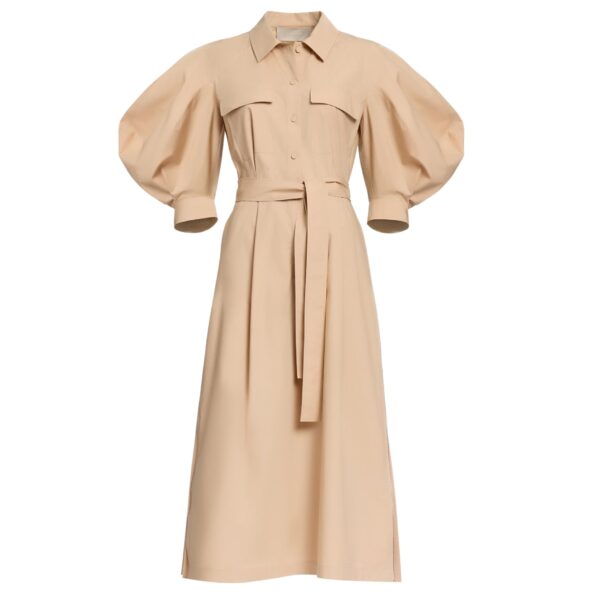 Elie Saab Pleated Cotton Midi Dress in Beige featuring  – Luxury Designer Fashion at Coveti.