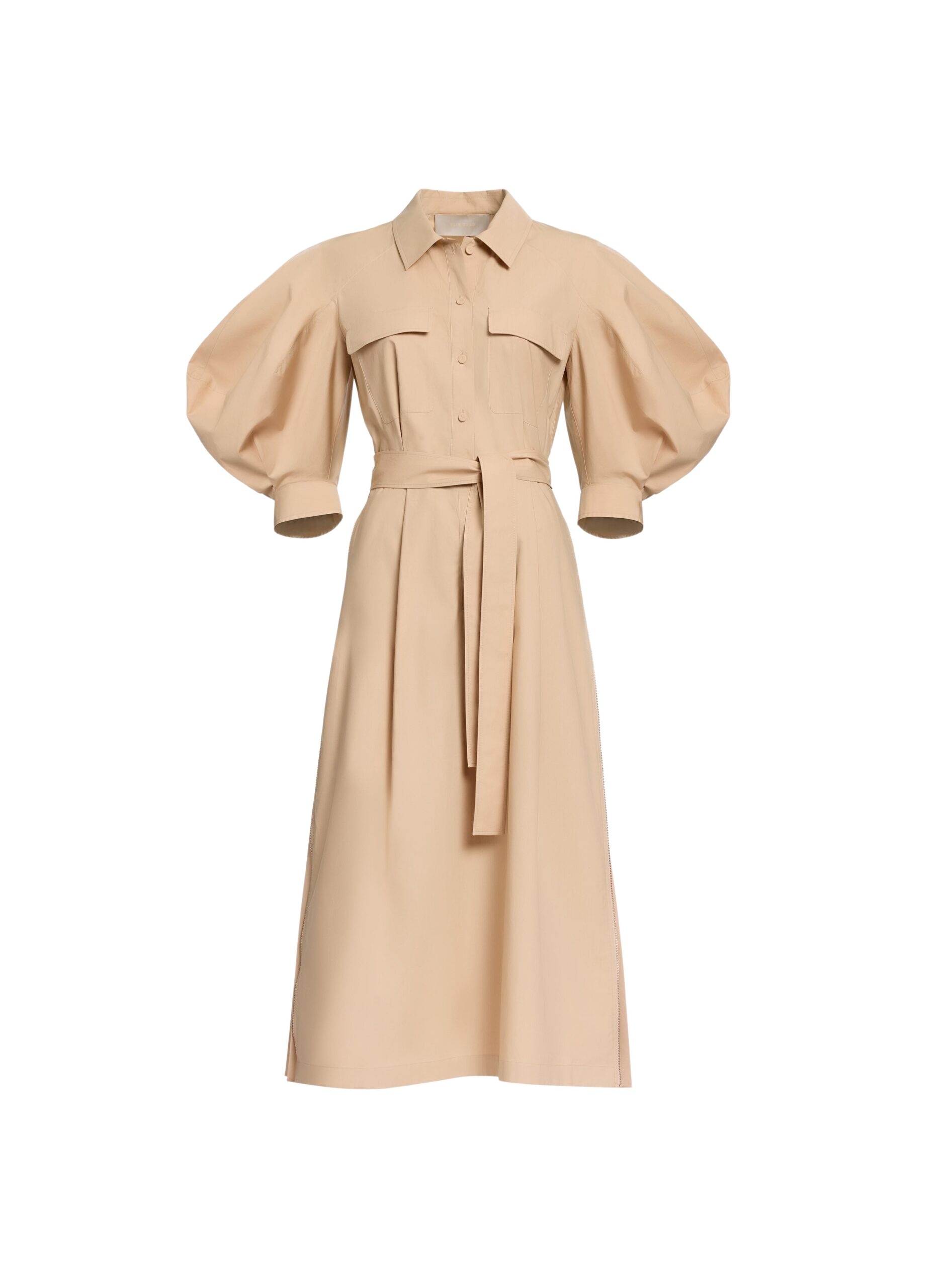 Elie Saab Pleated Cotton Midi Dress in Beige featuring  – Luxury Designer Fashion at Coveti.