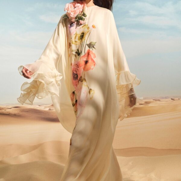 Elie Saab Printed Chiffon Kaftan in Multicolour featuring  – Luxury Designer Fashion at Coveti.
