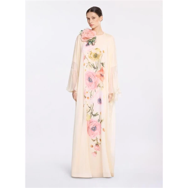 Elie Saab Printed Chiffon Kaftan in Multicolour featuring  – Luxury Designer Fashion at Coveti.
