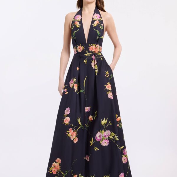 Elie Saab Printed Cotton Long Dress in Multicolour featuring  – Luxury Designer Fashion at Coveti.