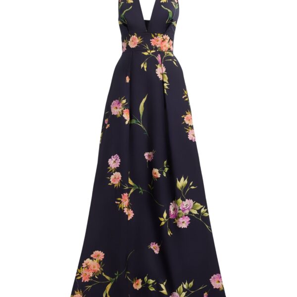 Elie Saab Printed Cotton Long Dress in Multicolour featuring  – Luxury Designer Fashion at Coveti.