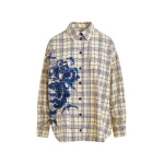 Beige and dark blue checked oversized cotton shirt with floral sequin and bead embellishment
