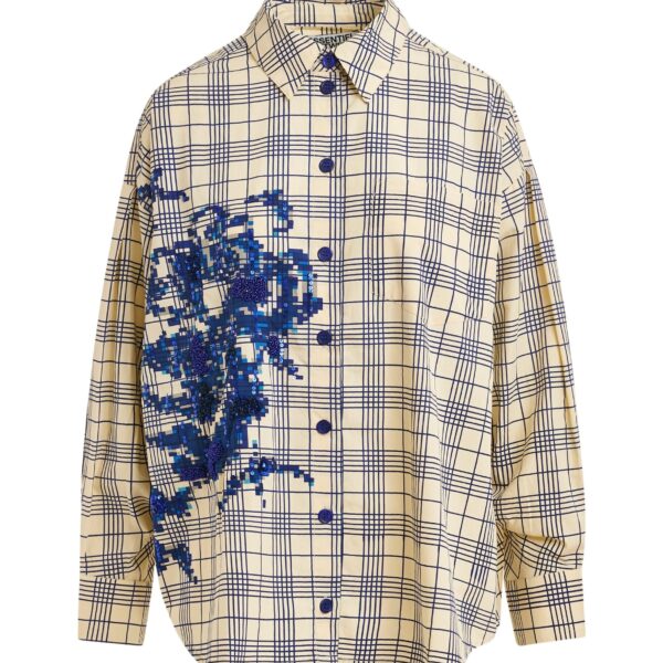 Beige and dark blue checked oversized cotton shirt with floral sequin and bead embellishment