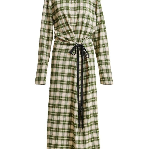Beige and green checked oversized maxi dress with rhinestone-embellished collar