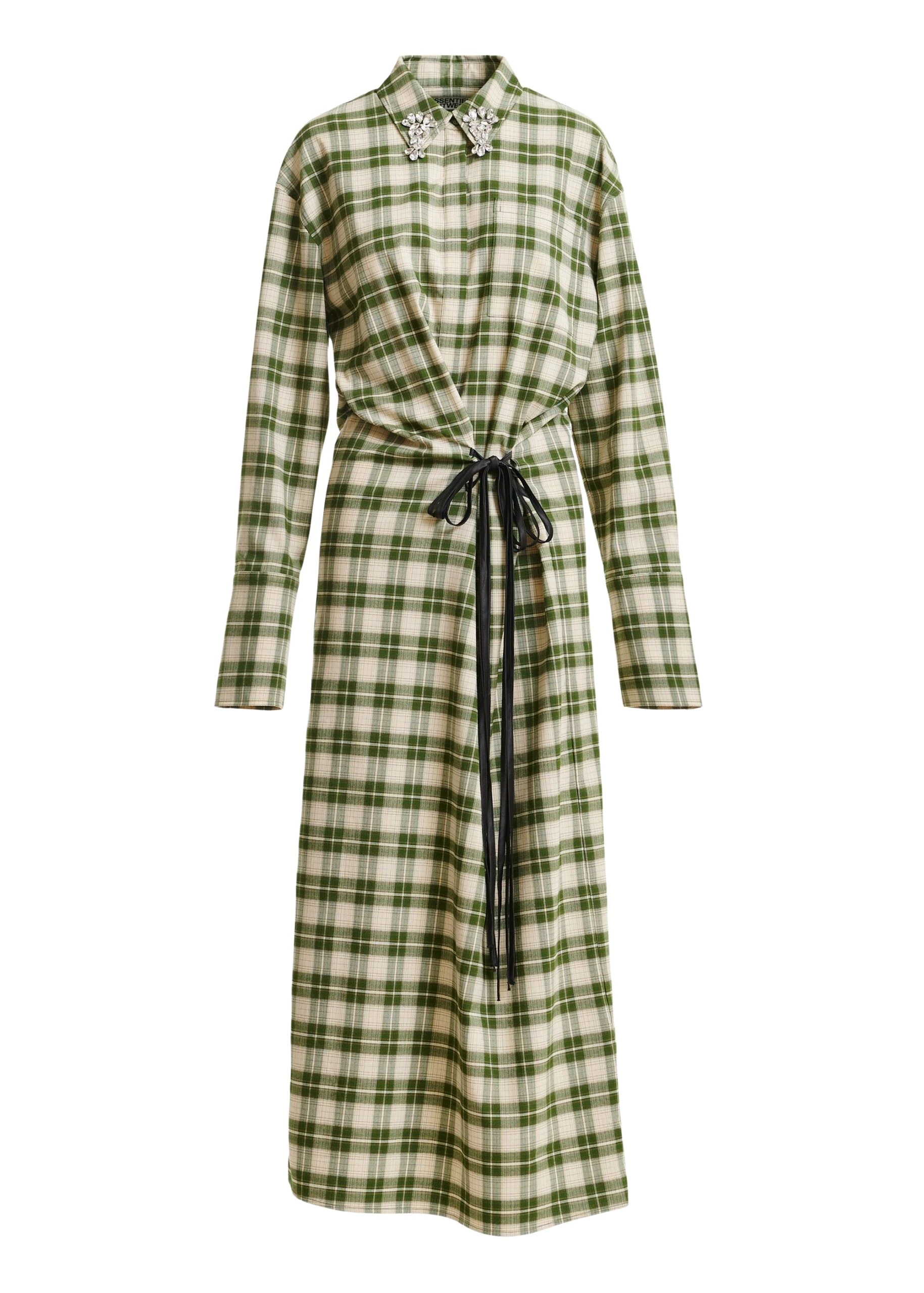 Beige and green checked oversized maxi dress with rhinestone-embellished collar