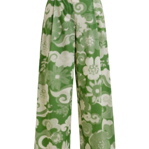Beige and green pleated wide-leg printed pants