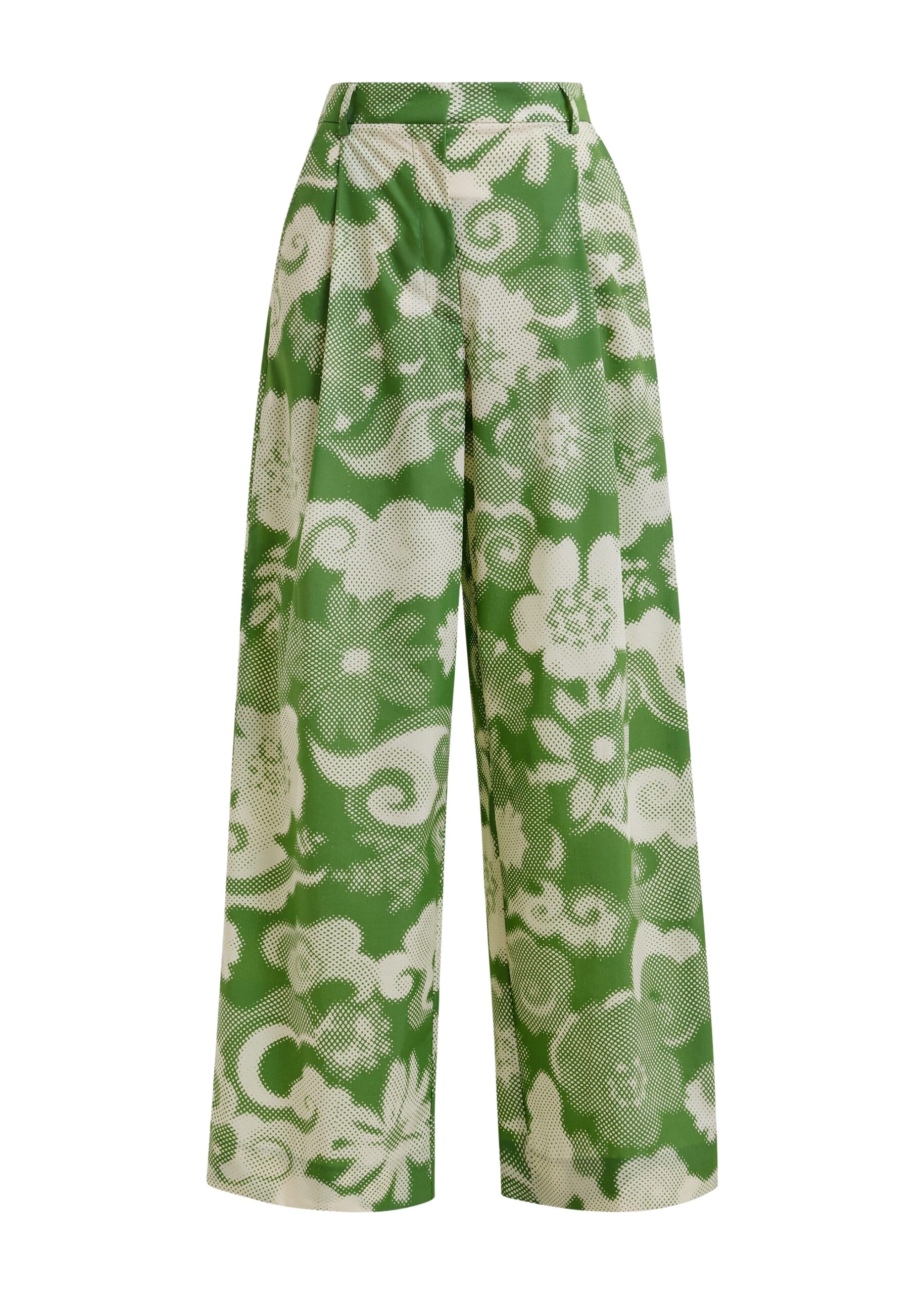 Beige and green pleated wide-leg printed pants