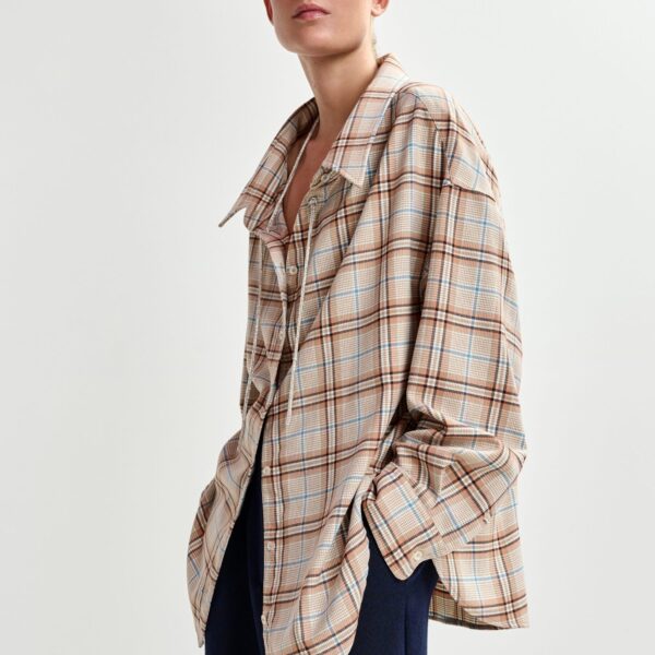 orange and blue oversized plaid shirt with rhinestone chain