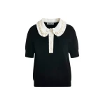 Black and off-white ruffle fine-knit polo top with bead embellishments