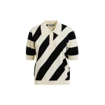 Black and off-white striped polo with embellished collar