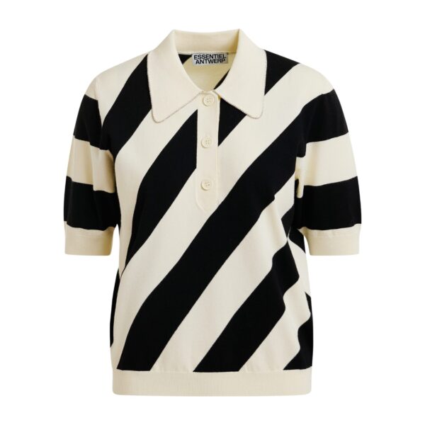 Black and off-white striped polo with embellished collar