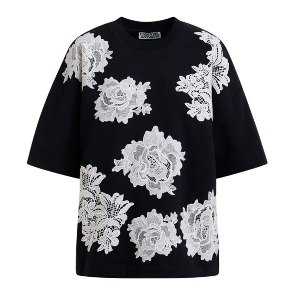 Black and white floral lace-embellished sweatshirt