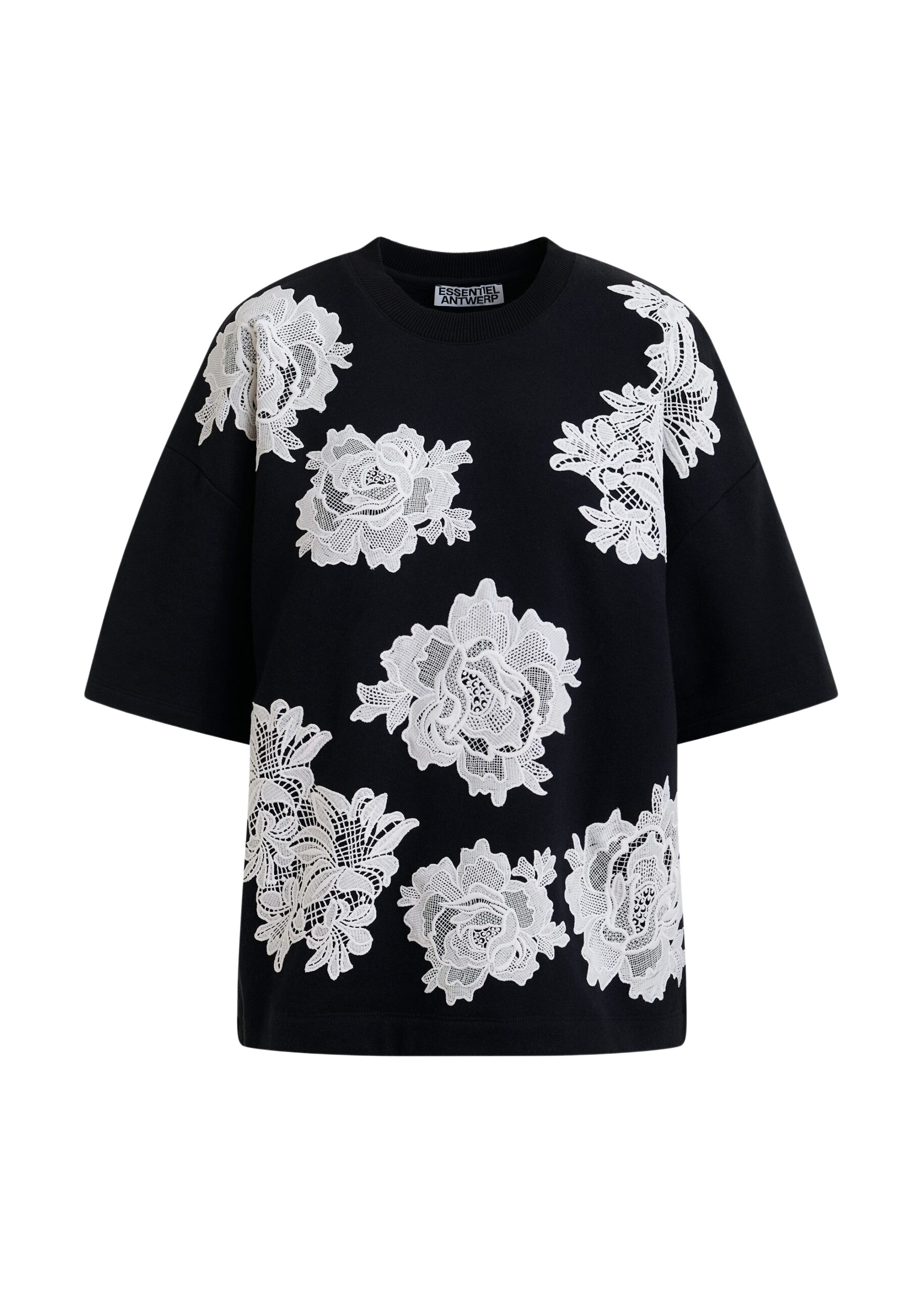 Black and white floral lace-embellished sweatshirt
