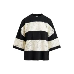 Black and white organic cotton striped lace insert T-shirt