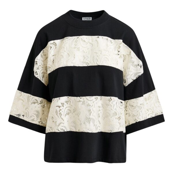 Black and white organic cotton striped lace insert T-shirt