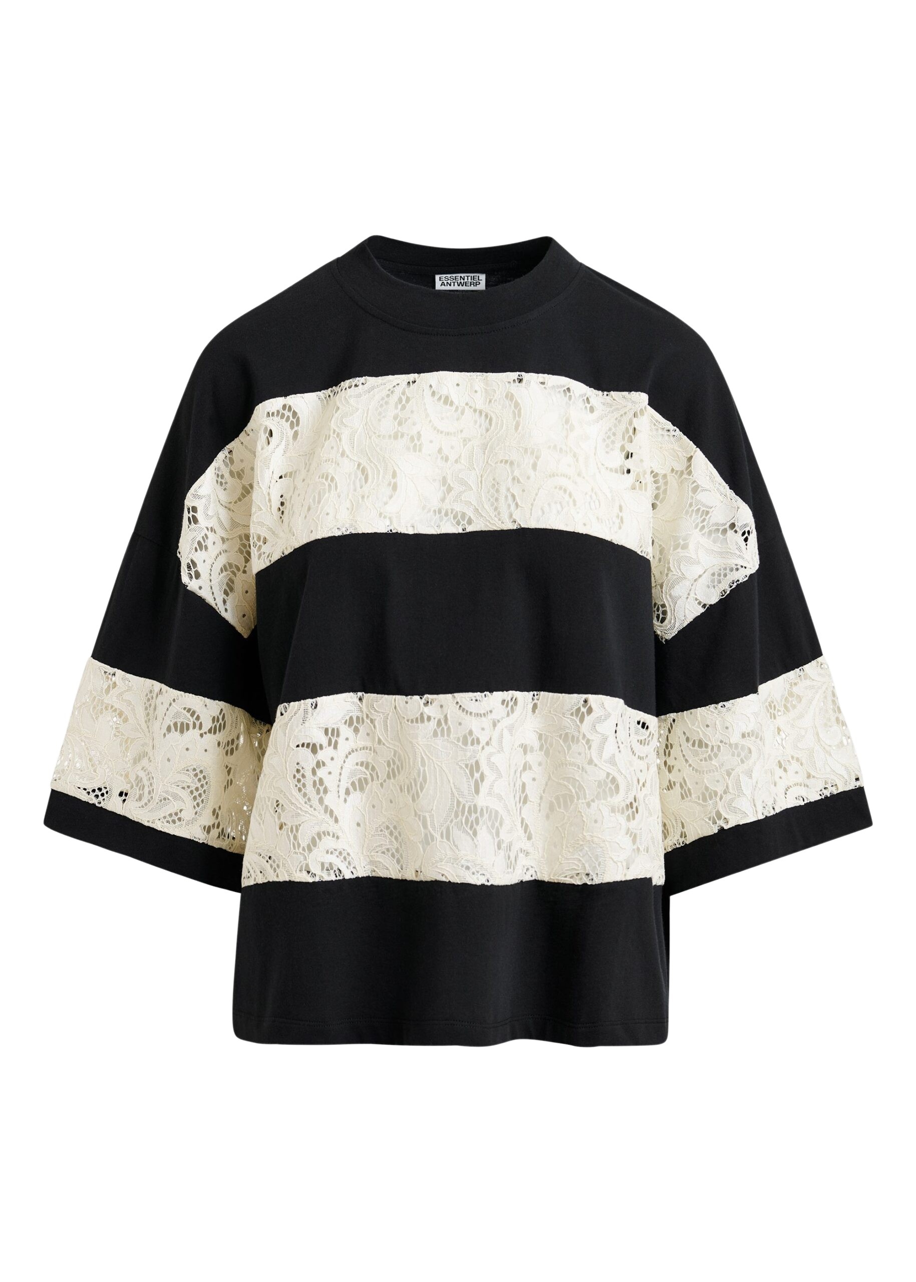 Black and white organic cotton striped lace insert T-shirt