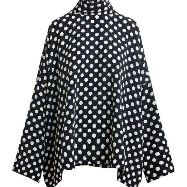 Black and white oversized polka-dot print top with high neck