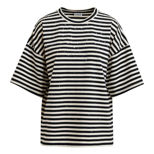 Black and white striped rhinestone-embellished oversized cotton T-shirt