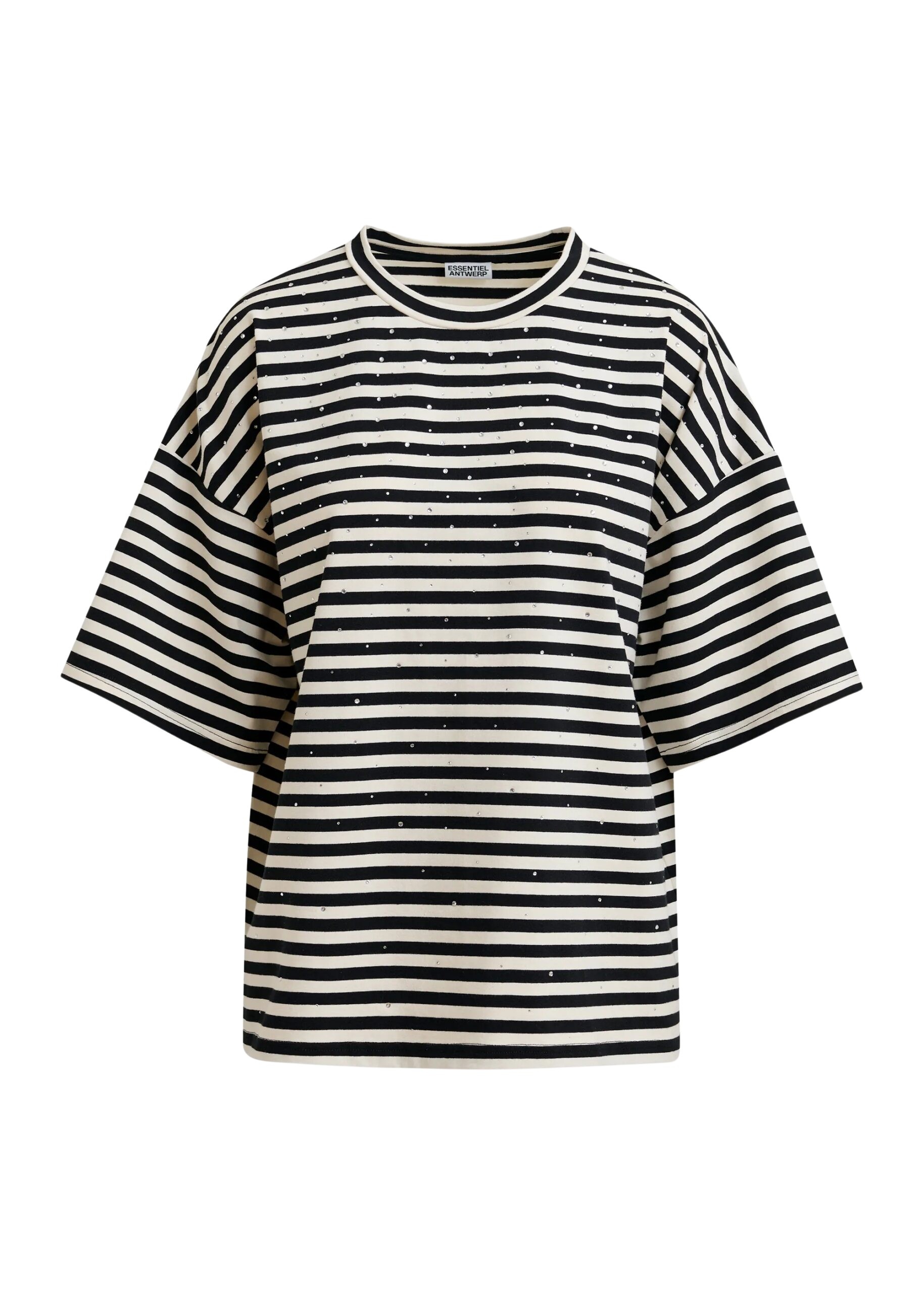 Black and white striped rhinestone-embellished oversized cotton T-shirt