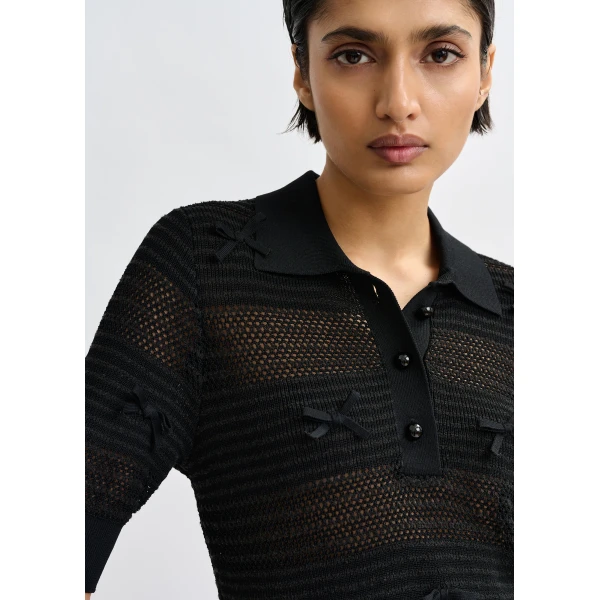 Essentiel Antwerp Black bow-embellished knit polo, view 3