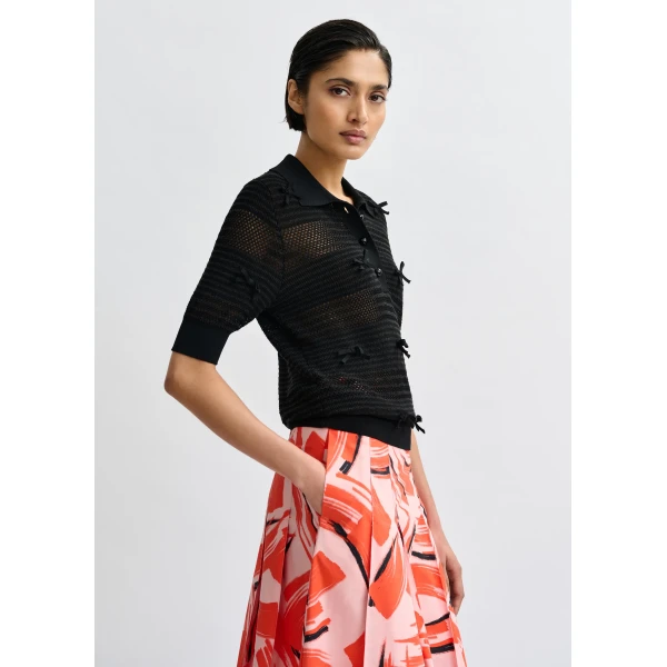Essentiel Antwerp Black bow-embellished knit polo, view 4