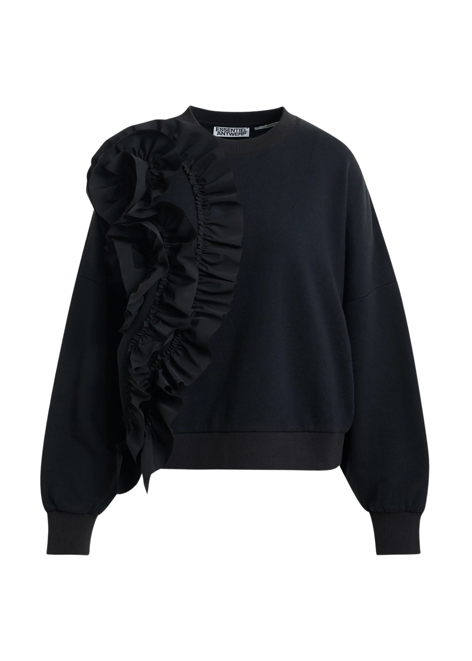 Black cotton-blend sweatshirt with ruffle details