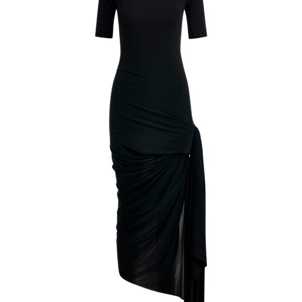 Black fitted jersey dress with ruched draping and side slit