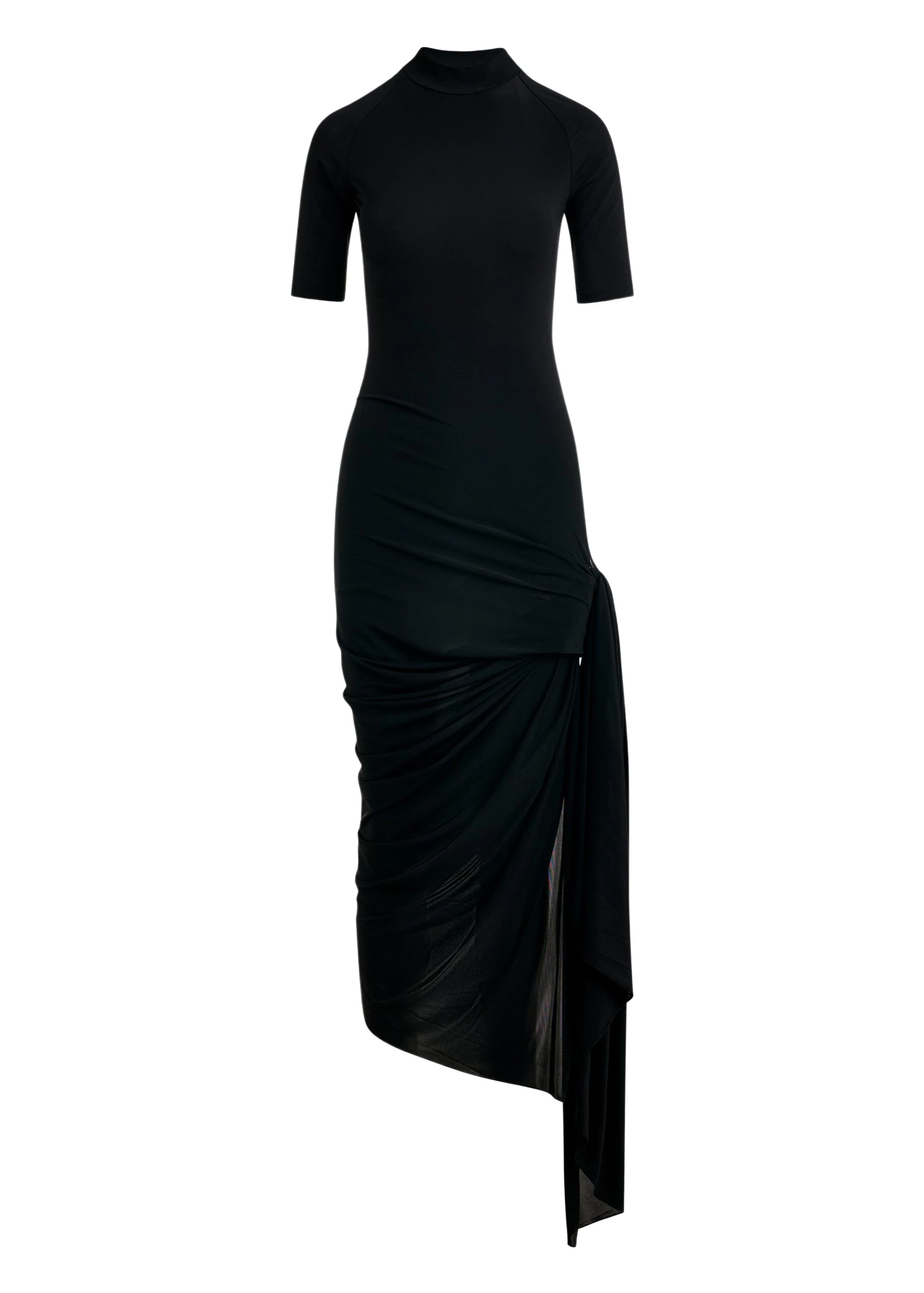 Black fitted jersey dress with ruched draping and side slit