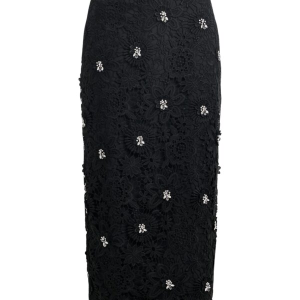 Black floral lace pencil skirt with rhinestone embellishments