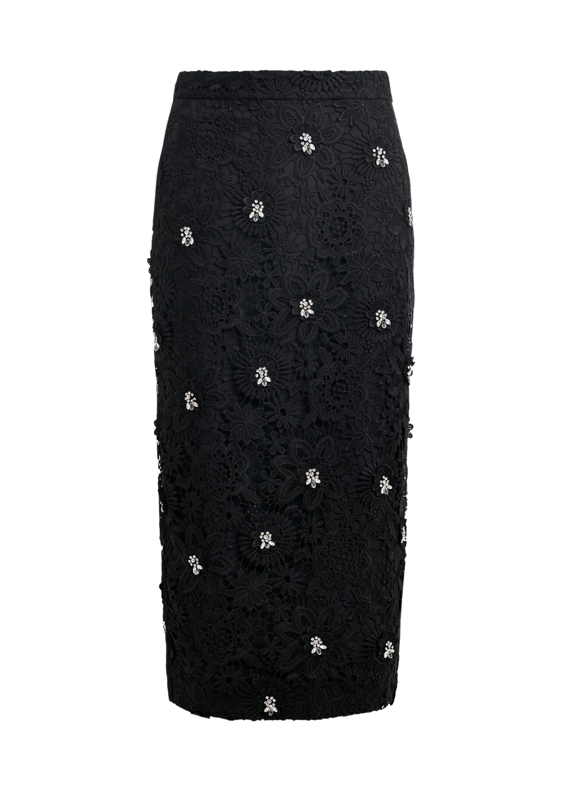 Black floral lace pencil skirt with rhinestone embellishments