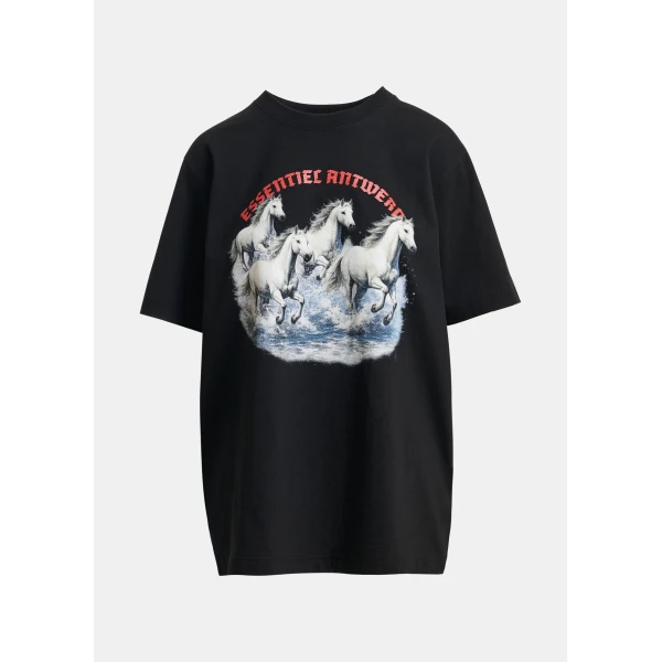 Essentiel Antwerp Black, off-white and red running horses oversized T-shirt, Year of the Horse online-exclusive Top, view 2