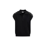 Black sleeveless polo with off-white embellished shoulders
