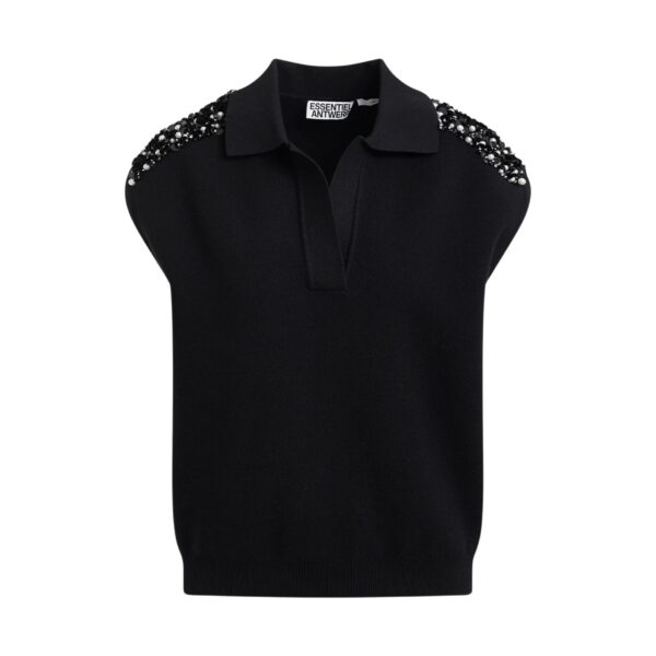 Black sleeveless polo with off-white embellished shoulders
