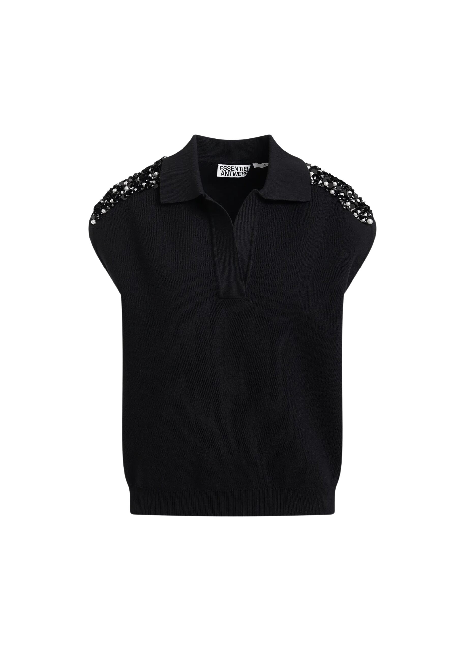 Black sleeveless polo with off-white embellished shoulders