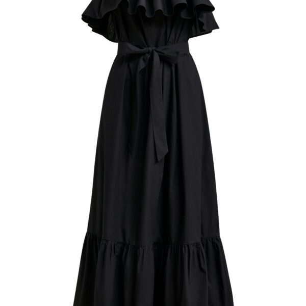 Black strapless cotton maxi dress with ruffles