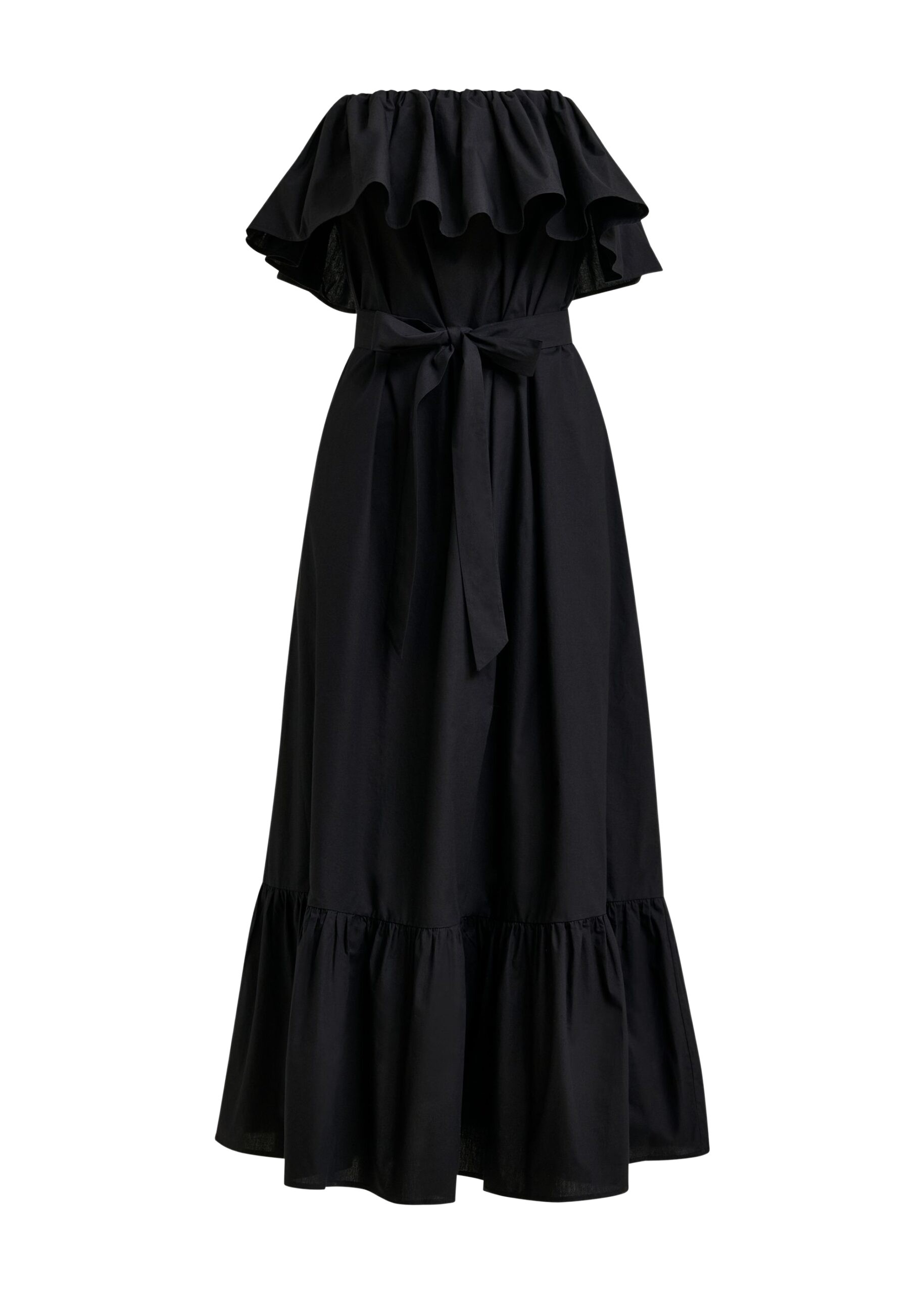 Black strapless cotton maxi dress with ruffles