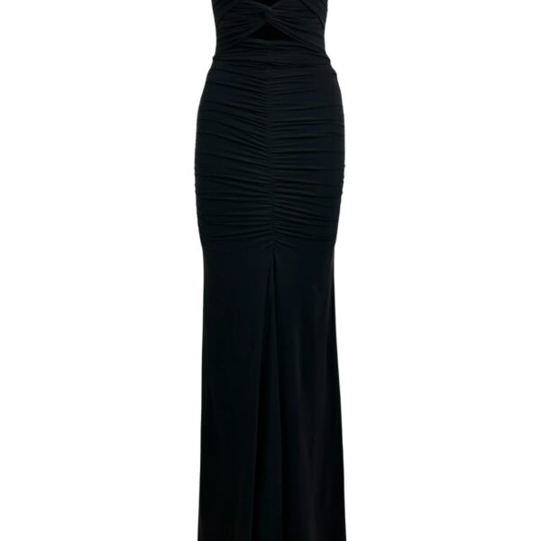 Black strapless maxi dress with sculpted ruching and a subtle cut-out detail