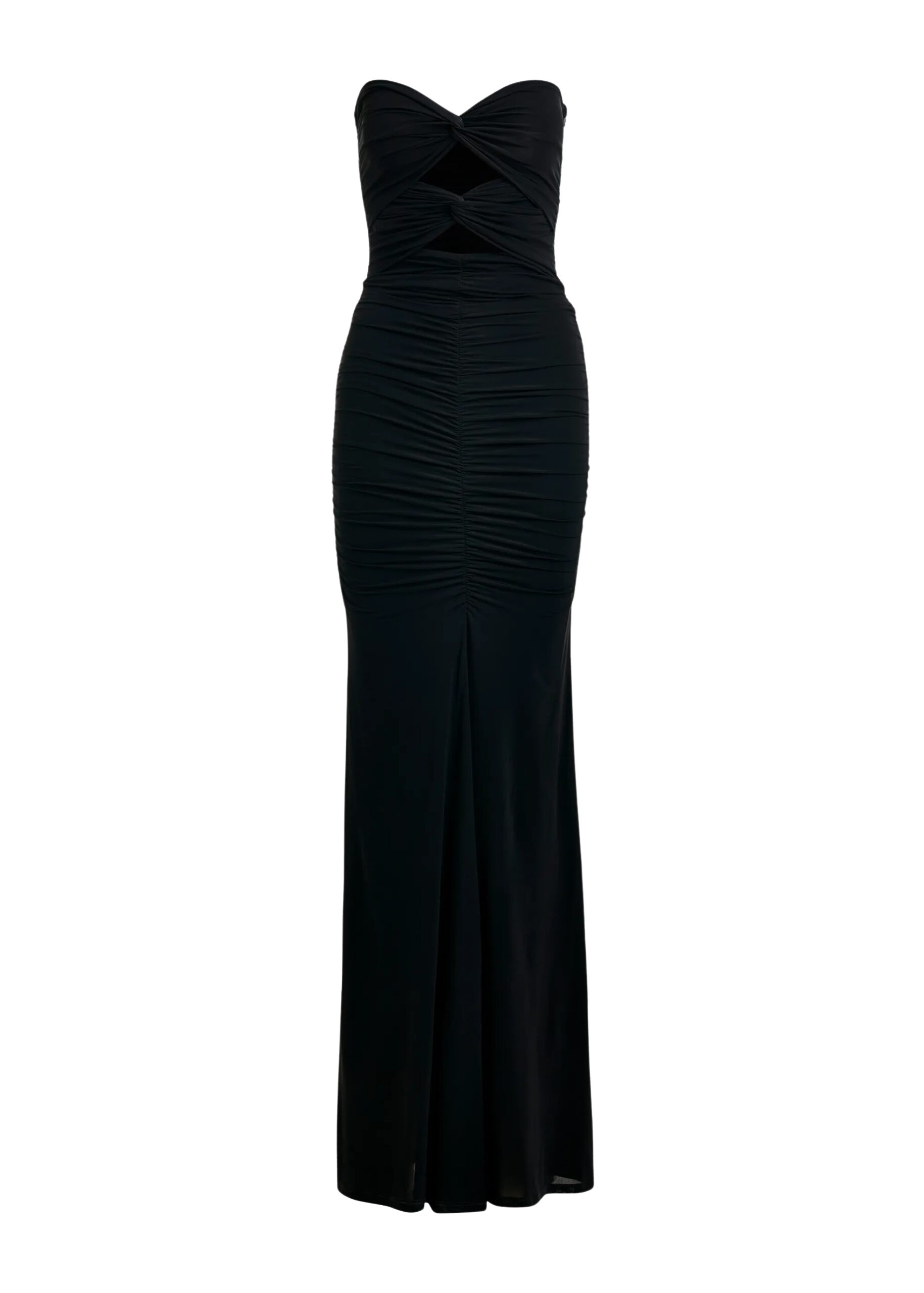 Black strapless maxi dress with sculpted ruching and a subtle cut-out detail
