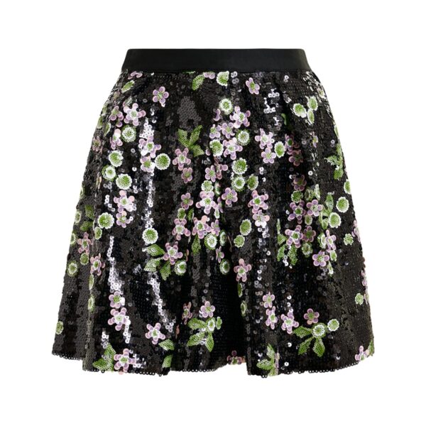 Black tulip-shape mini skirt with green and pink sequin embellishments