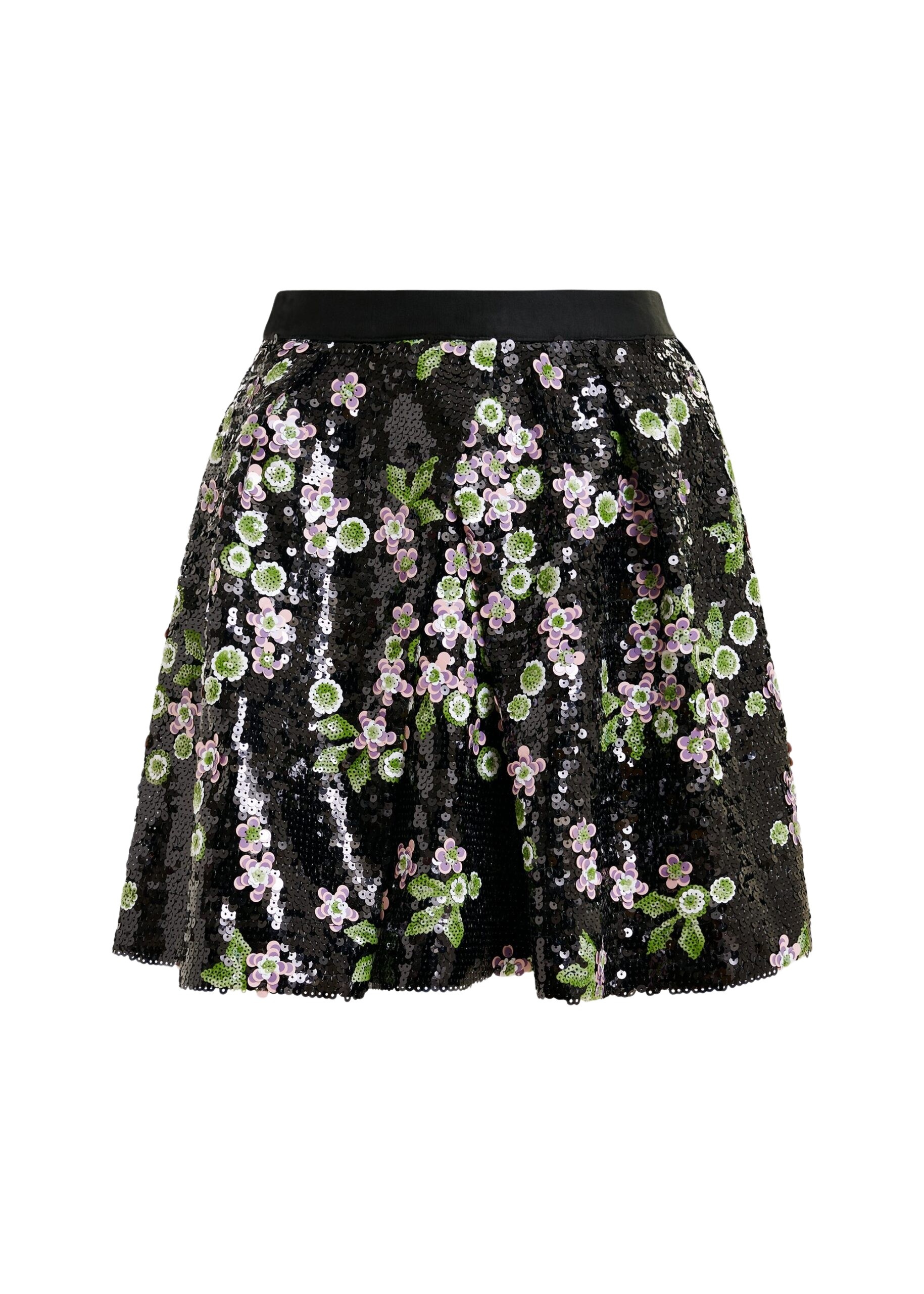 Black tulip-shape mini skirt with green and pink sequin embellishments