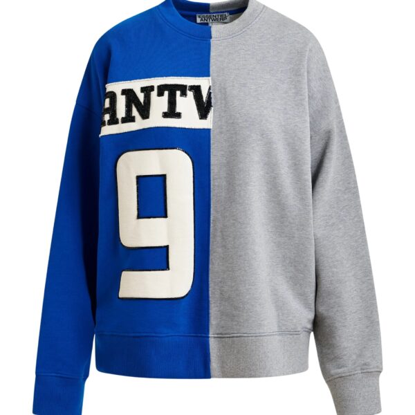 Blue and grey split-panel appliquéd cotton sweatshirt