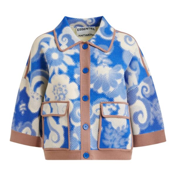 Blue and off-white floral-print knit cardigan with brown contrasting trims