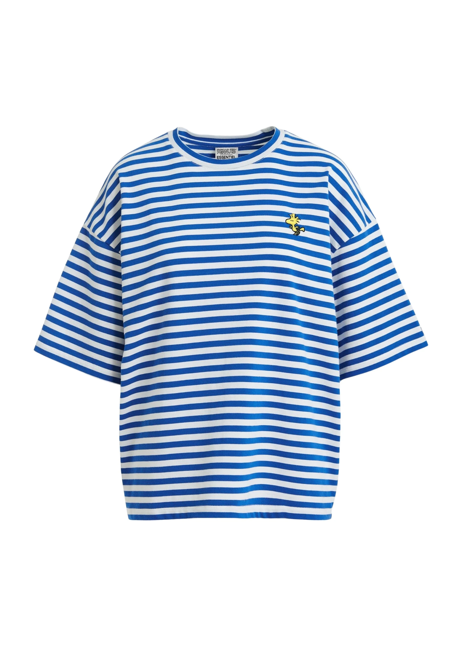Essentiel-Antwerp-Blue-and-off-white-striped-T-shirt-with-yellow-Peanuts™-Woodstock-detail-scaled13420_nobg Blue and off-white striped T-shirt with yellow Peanuts™ Woodstock detail