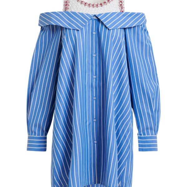 Blue and white layered shirt dress with embellished tank top