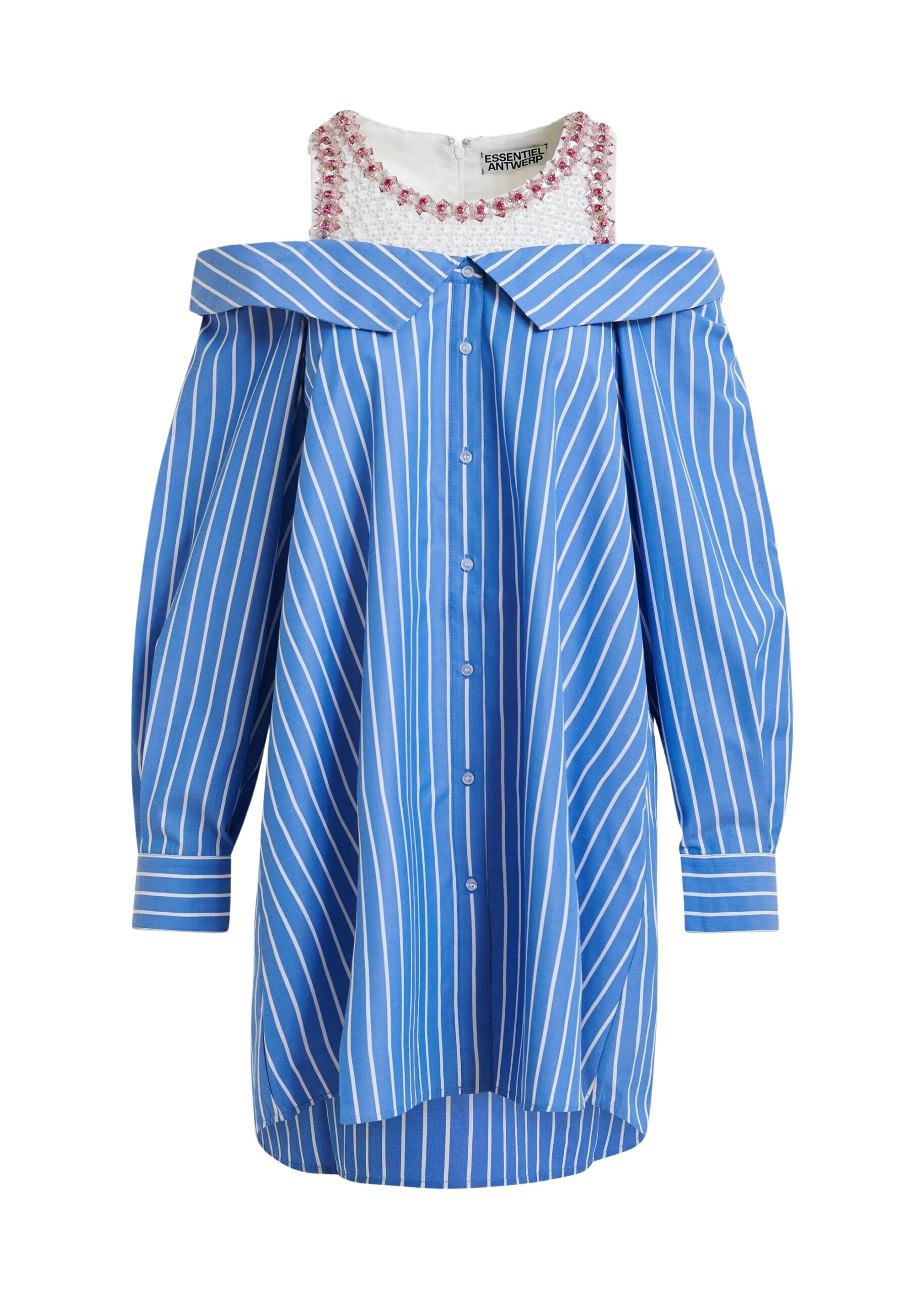 Blue and white layered shirt dress with embellished tank top