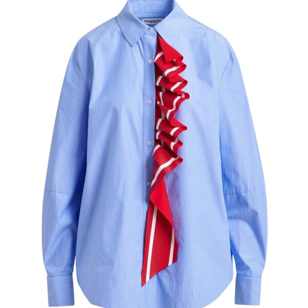 Blue and white pinstripe cotton shirt with red ribbon detail