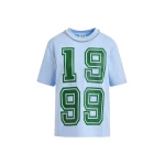 Blue cotton T-shirt with rhinestone embellished neckline and green numeric print