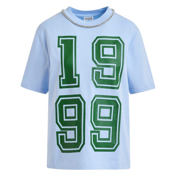 Blue cotton T-shirt with rhinestone embellished neckline and green numeric print