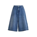 Blue cotton denim shorts with yellow Woodstock embroidery